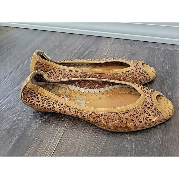 Pikolinos Relax Cutout Camel Brown Leather Peep Toe Flats Sz EU 36 US 5.5 - 6 - Picture 2 of 8